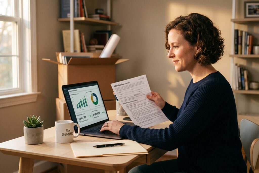 Person reviewing 401k rollover options after changing jobs with financial documents and laptop