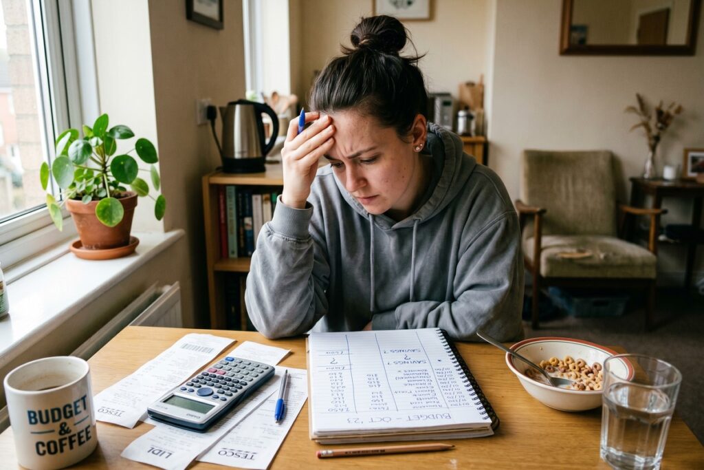 Person reviewing budget alternatives to the 50 30 20 rule on a notebook with calculator and bills