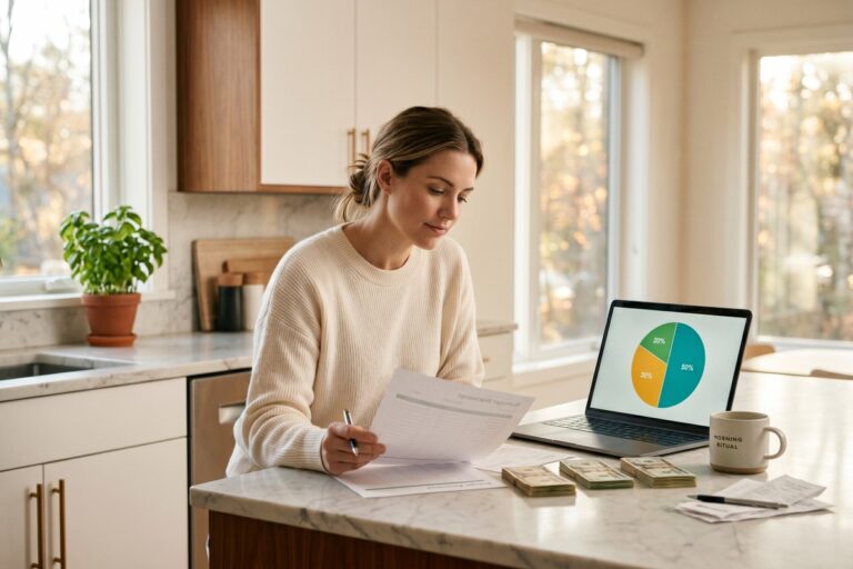 Person reviewing the 50/30/20 rule budgeting breakdown on a financial planning worksheet