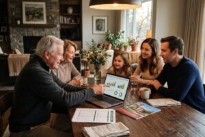 Family reviewing 529 plan wealth transfer strategy with financial advisor