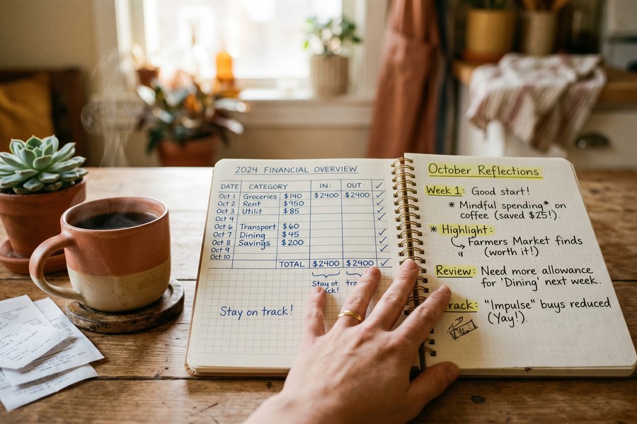 Person reviewing AI-generated spending insights on smartphone budgeting app dashboard