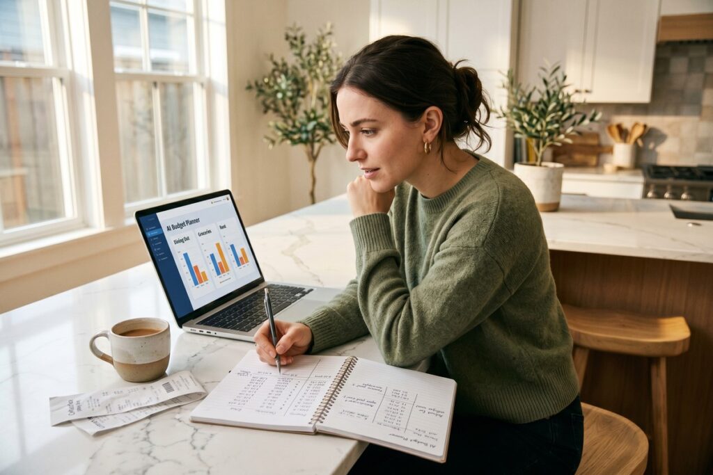 Person comparing AI budgeting tools on a laptop with a traditional paper budget spreadsheet in 2026