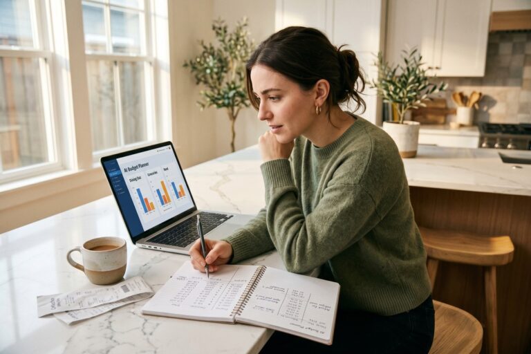 Person comparing AI budgeting tools on a laptop with a traditional paper budget spreadsheet in 2026
