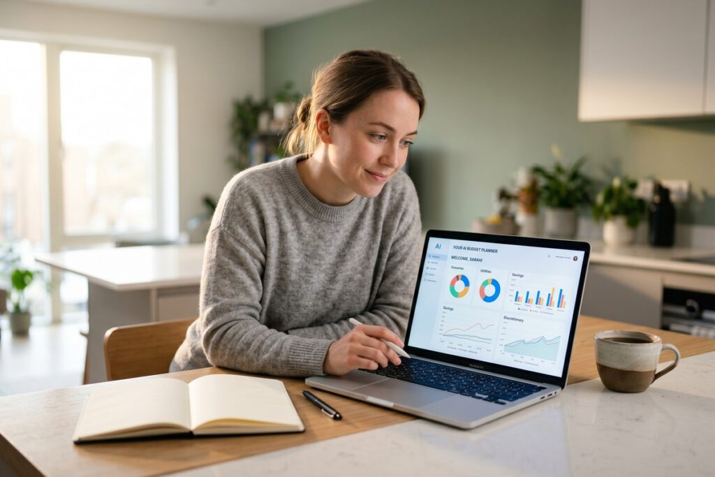 Beginner using AI budgeting tools on a laptop to create a personal finance plan from scratch