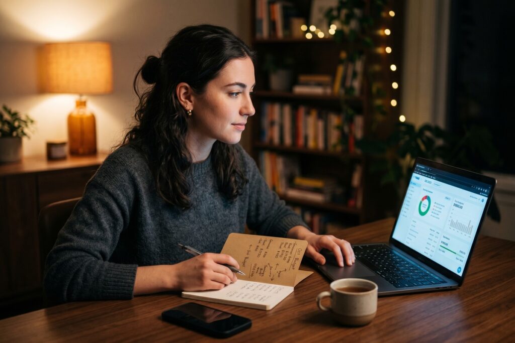 Person using an AI budgeting tool on a laptop with a privacy shield icon overlay