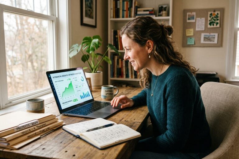 Self-employed professional reviewing AI-powered credit scoring results on a laptop