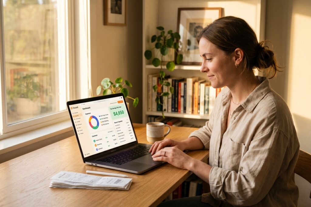 Freelancer using an AI-powered expense tracker app on a laptop to manage tax deductions
