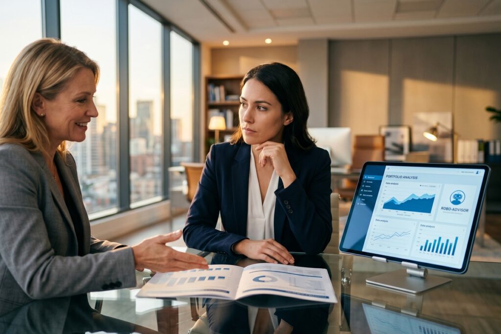 AI financial advisor interface displayed alongside a human financial advisor consulting a client