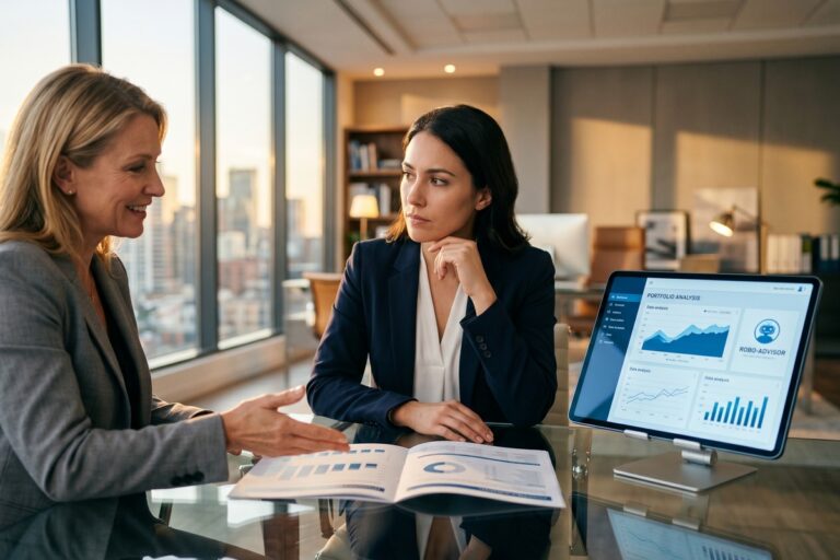 AI financial advisor interface displayed alongside a human financial advisor consulting a client