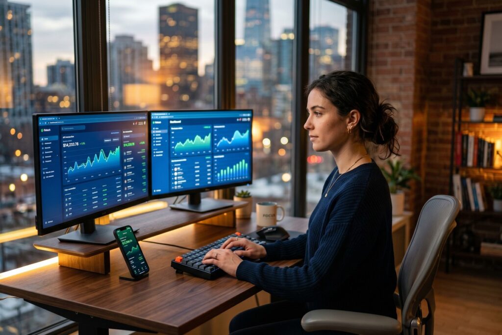 Developer using fintech API dashboard to automate personal finances on a laptop