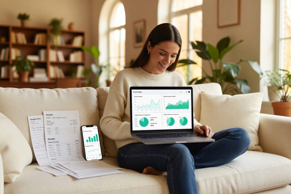 Freelancer using a budgeting app on a laptop to manage irregular income