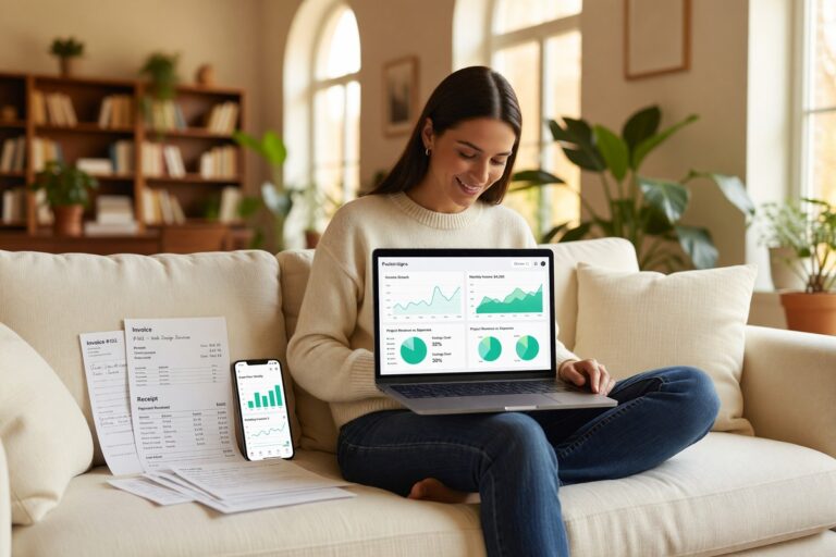 Freelancer using a budgeting app on a laptop to manage irregular income