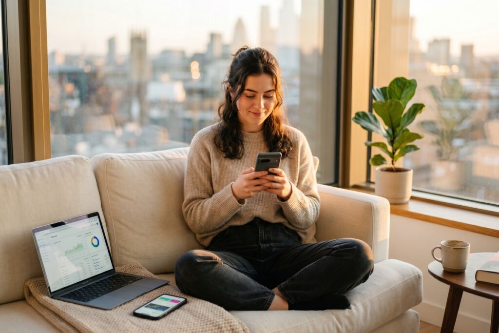 Beginner using wealth building apps on smartphone in 2026