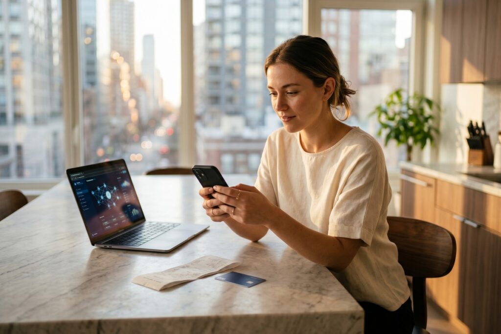 Person using smartphone for blockchain-powered personal finance transactions