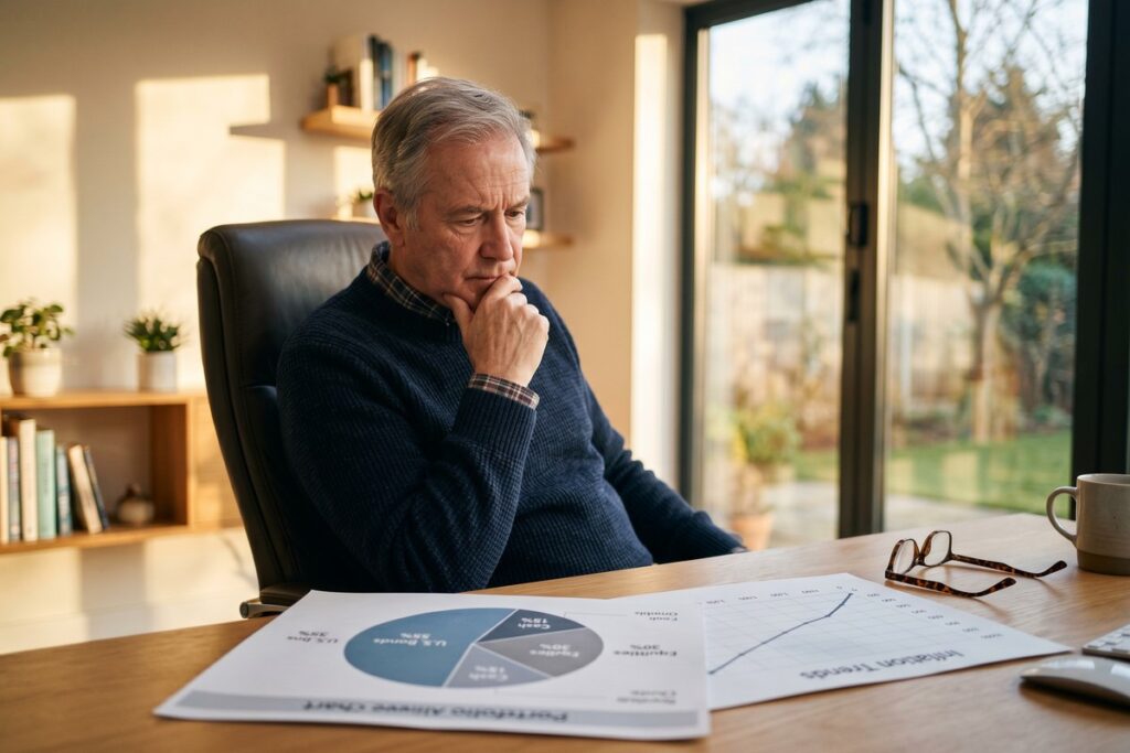 Retiree reviewing bond allocation in retirement portfolio with inflation chart on screen