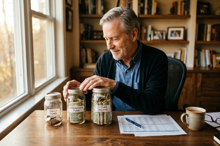 Retiree reviewing a bucket strategy retirement income plan with three labeled savings buckets on a desk