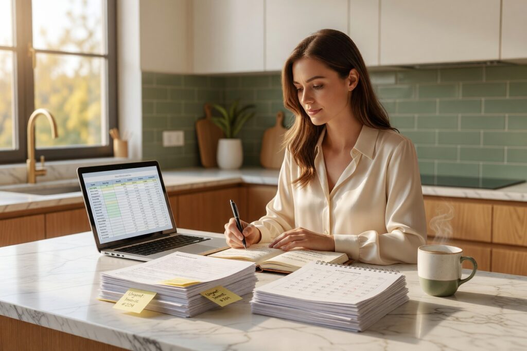 Person comparing a paycheck budget and a monthly budget on a notebook with a calculator nearby