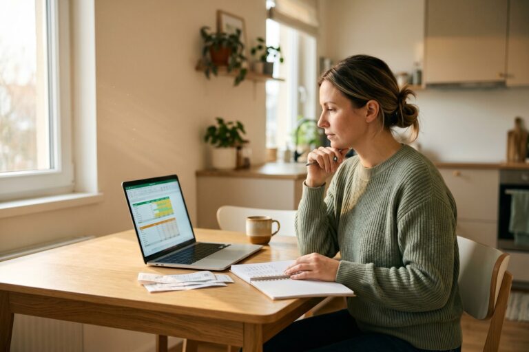 Person reviewing budget spreadsheet and financial documents after divorce