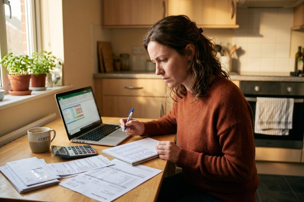 Person reviewing a budget plan on paper after a job loss with calculator and bills on the table