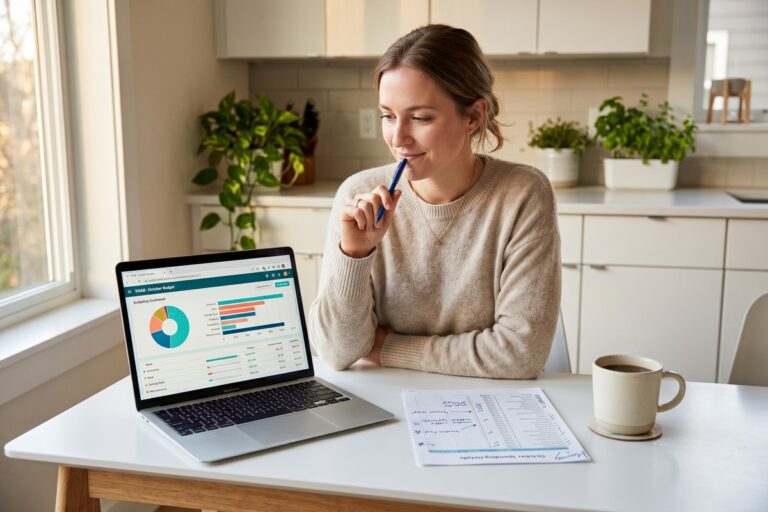Person comparing a budgeting app on a smartphone with a budget spreadsheet on a laptop
