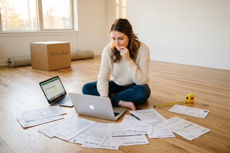 Young adult reviewing a budgeting first apartment checklist at a desk with moving boxes in the background