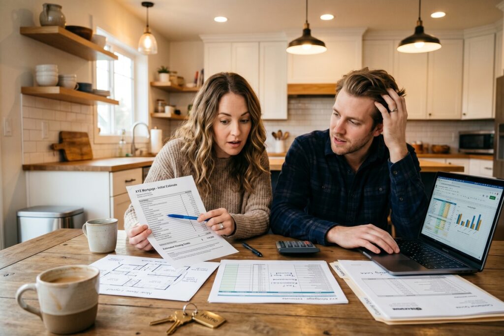 First-time homebuyer reviewing a budget spreadsheet with home purchase costs and hidden expenses