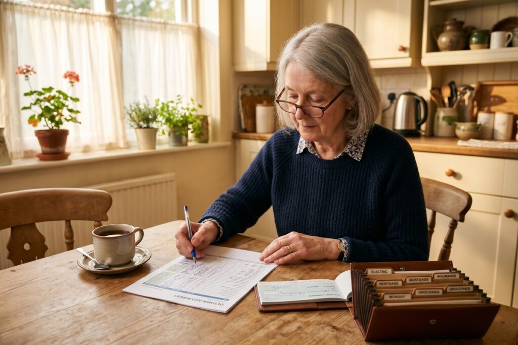 Retired couple reviewing budget and financial documents at home on a fixed income
