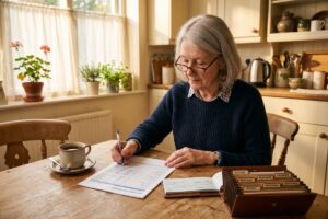 Retired couple reviewing budget and financial documents at home on a fixed income