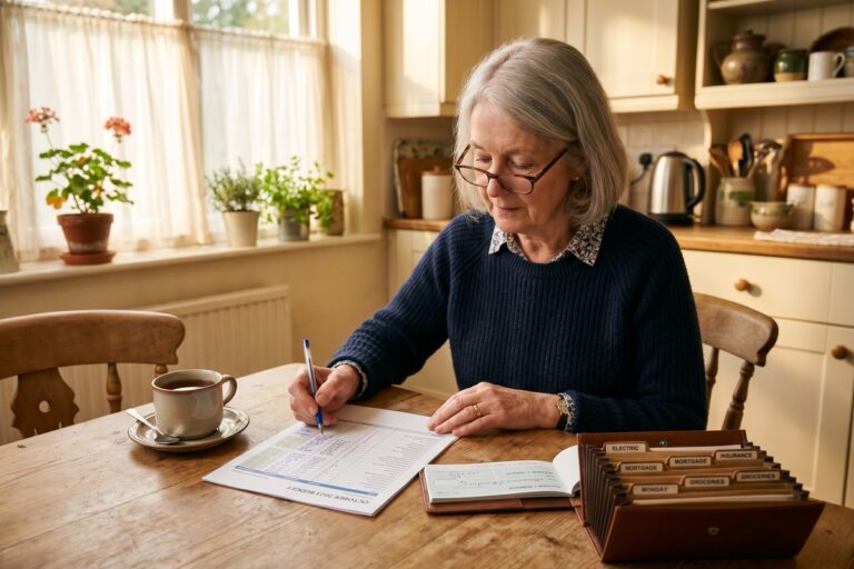 Retired couple reviewing budget and financial documents at home on a fixed income