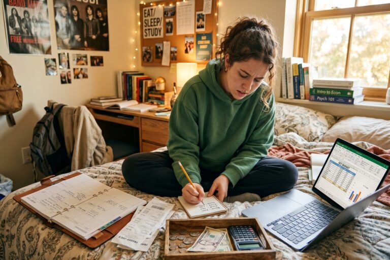 College student reviewing a budget spreadsheet on a laptop at a campus desk