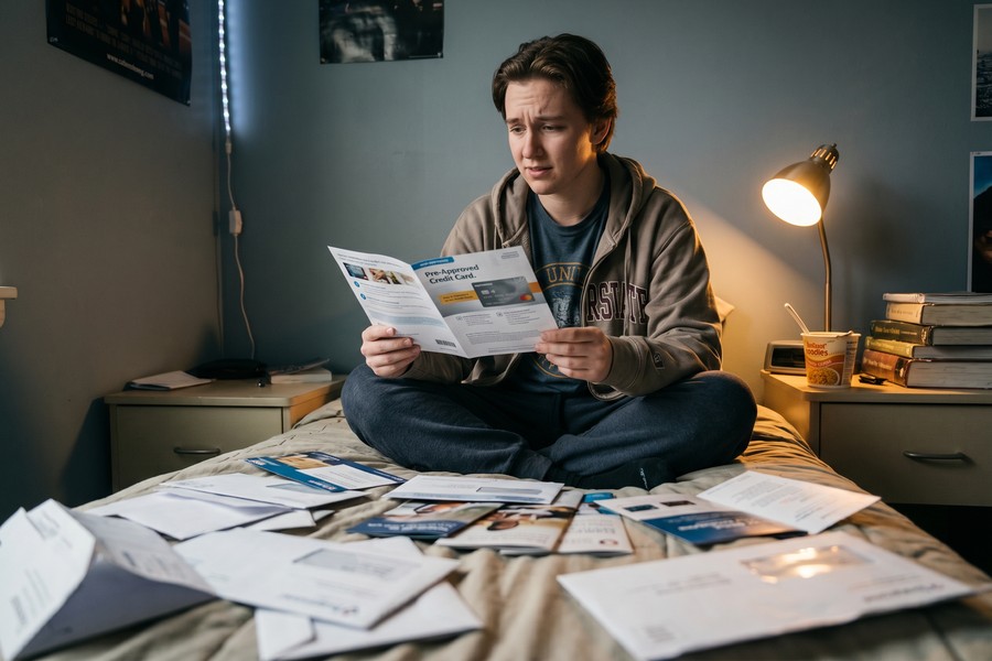 Young adult student reviewing a credit card statement with a budgeting app open