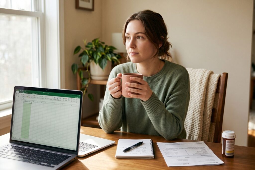 Person reviewing a personal budget plan with mental health expense line items on a laptop