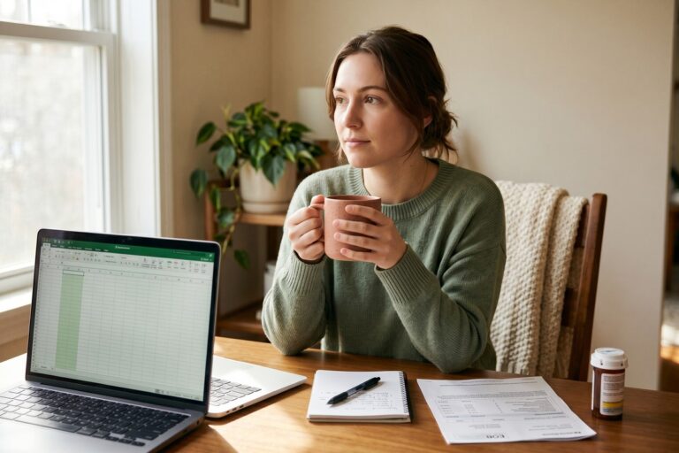 Person reviewing a personal budget plan with mental health expense line items on a laptop