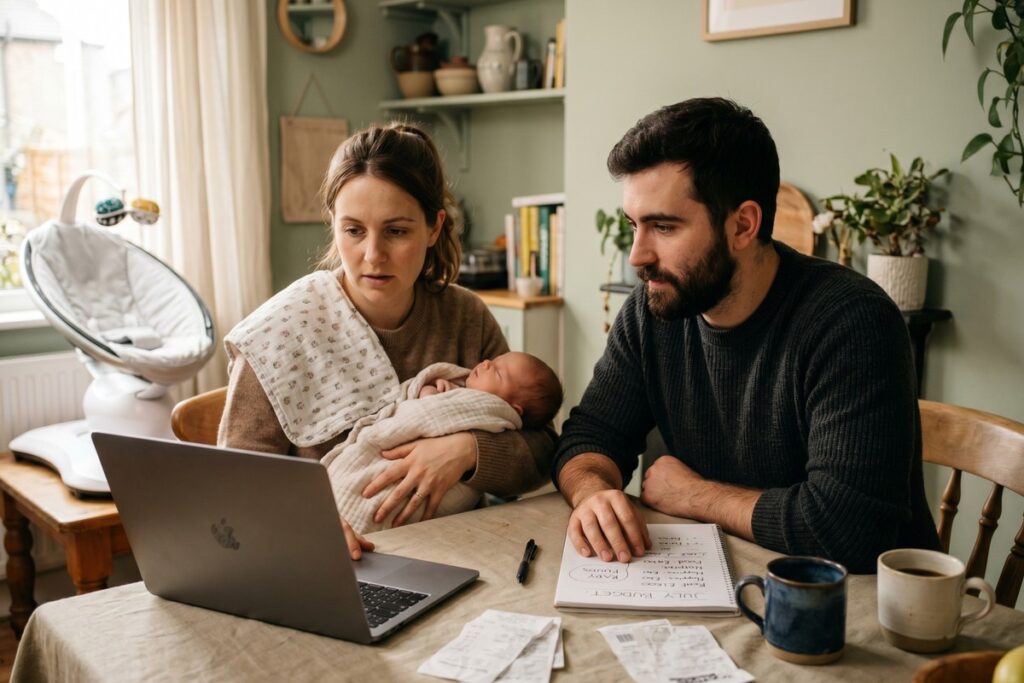 New parents reviewing budget together at home after a sudden income drop