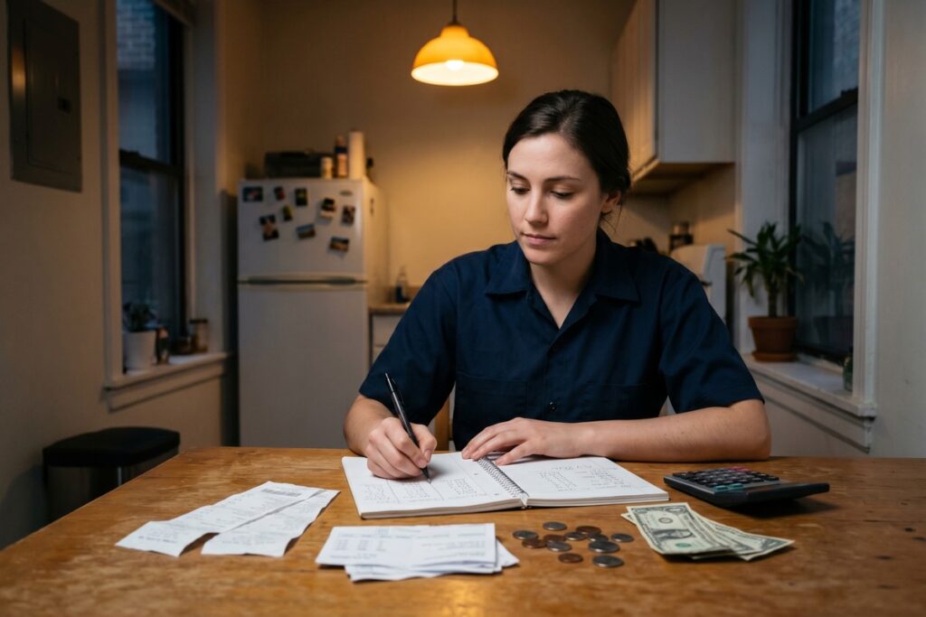 Person reviewing a handwritten budget plan on a kitchen table while managing finances on minimum wage