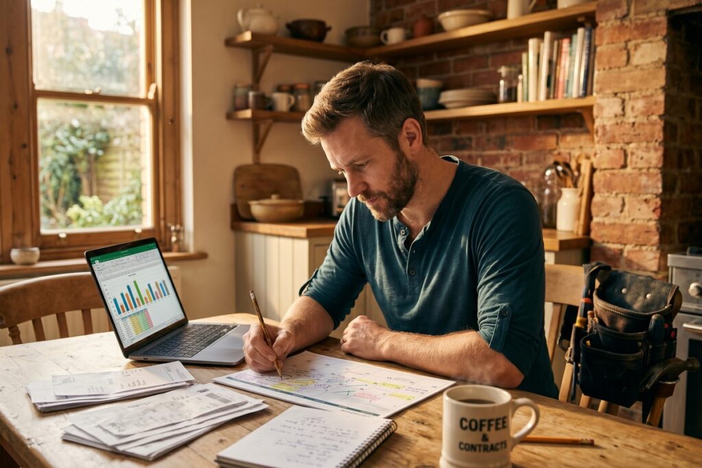 Contractor reviewing seasonal income budget on laptop with financial planner notes