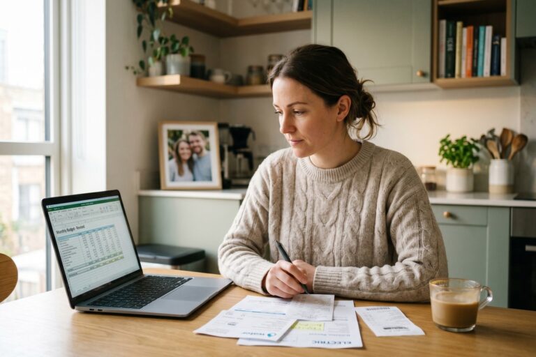 Person reviewing a single income budget spreadsheet at a home desk with bills and a calculator nearby