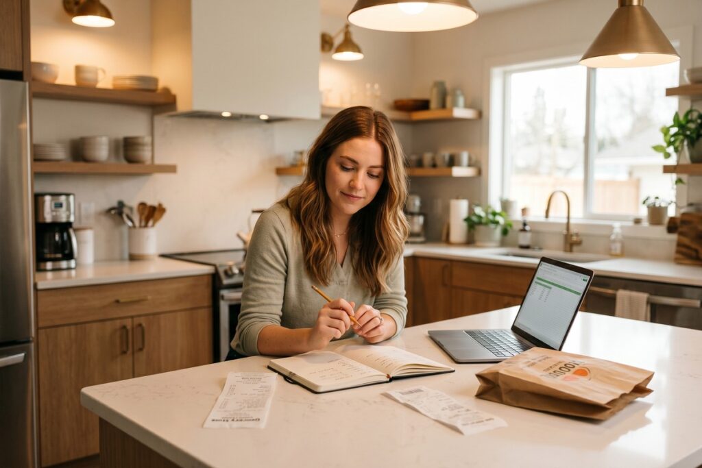 Person reviewing variable expense categories on a budgeting spreadsheet
