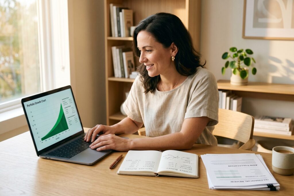 Person at 40 reviewing a monthly budget and investment plan to build wealth with $500 a month
