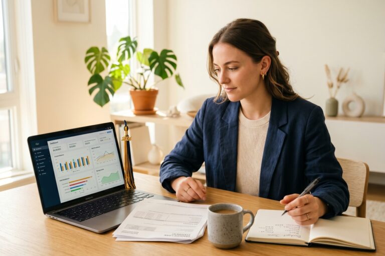 Recent college graduate reviewing financial plan to build wealth while paying off student loans