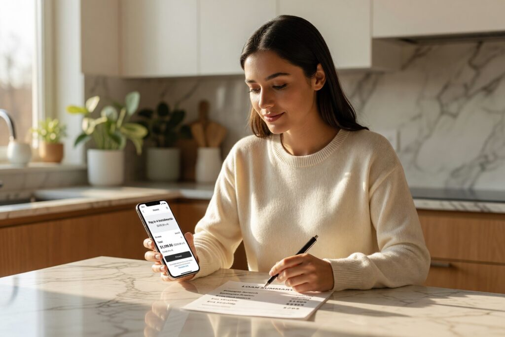 Side-by-side comparison of buy now pay later and personal loan options on a smartphone and loan document