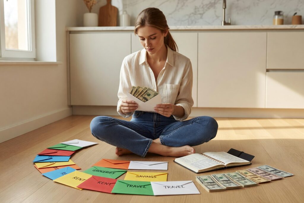 Person organizing cash into labeled envelopes for cash stuffing budgeting method