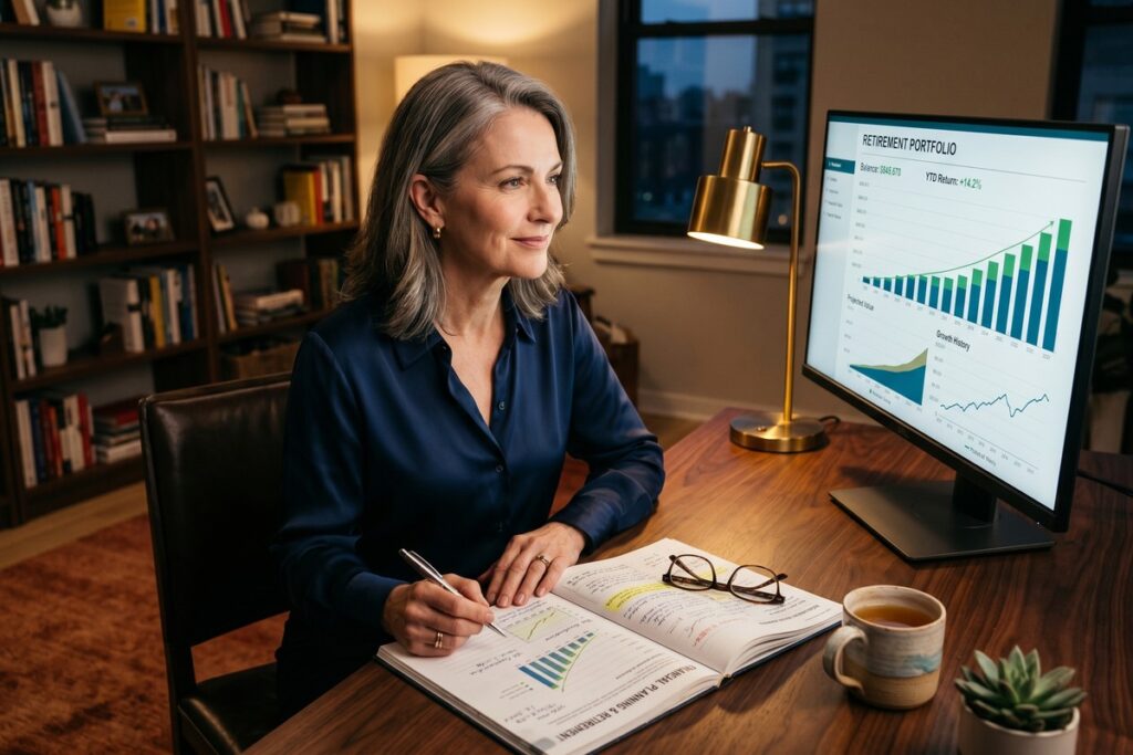 Person over 50 reviewing catch-up contribution options on a laptop to boost retirement savings
