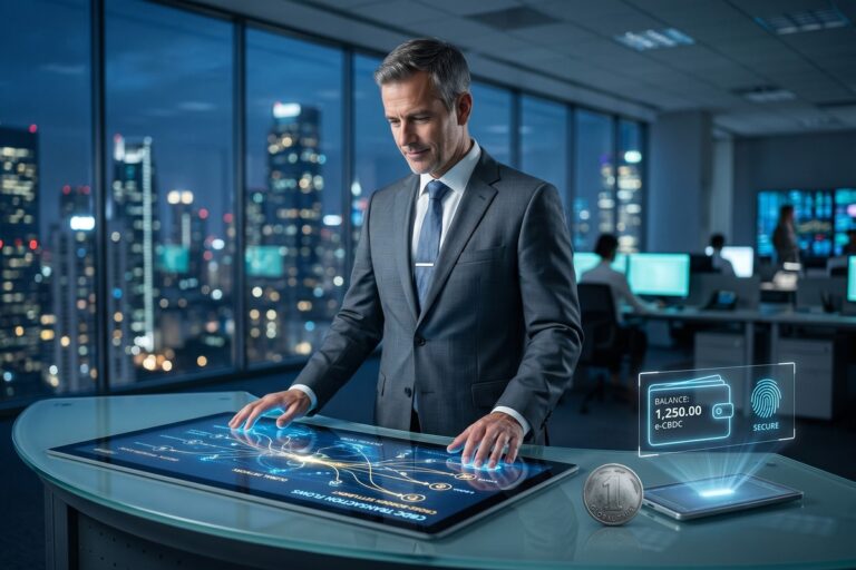 Digital representation of central bank digital currencies in 2026 with global financial network