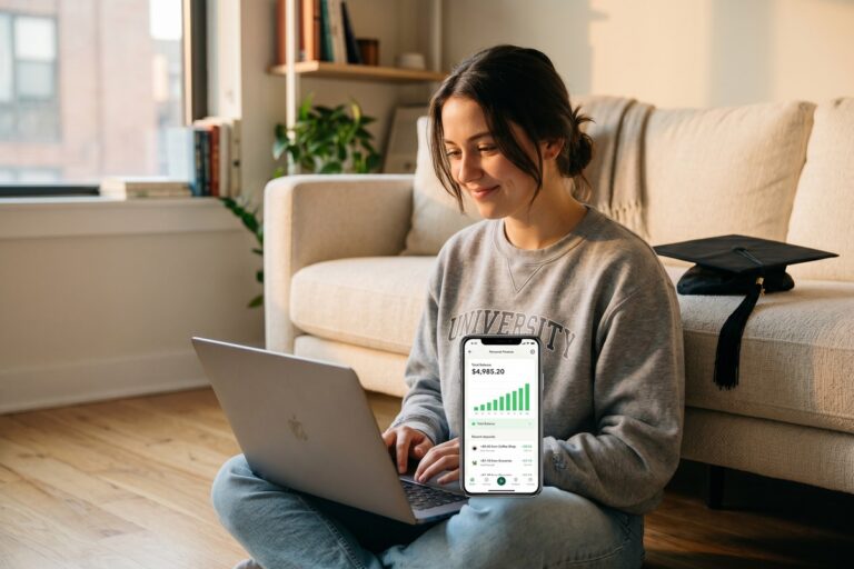 College graduate using round-up investing apps on smartphone to track savings milestone