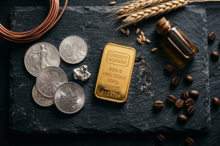 Gold and silver bars alongside commodity investment charts representing commodities wealth building strategies