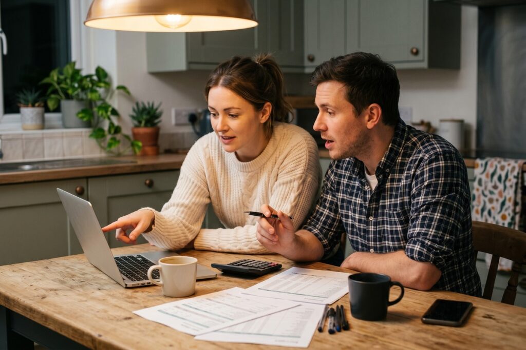 Couple reviewing their budget together at a table with income gap financial planning documents