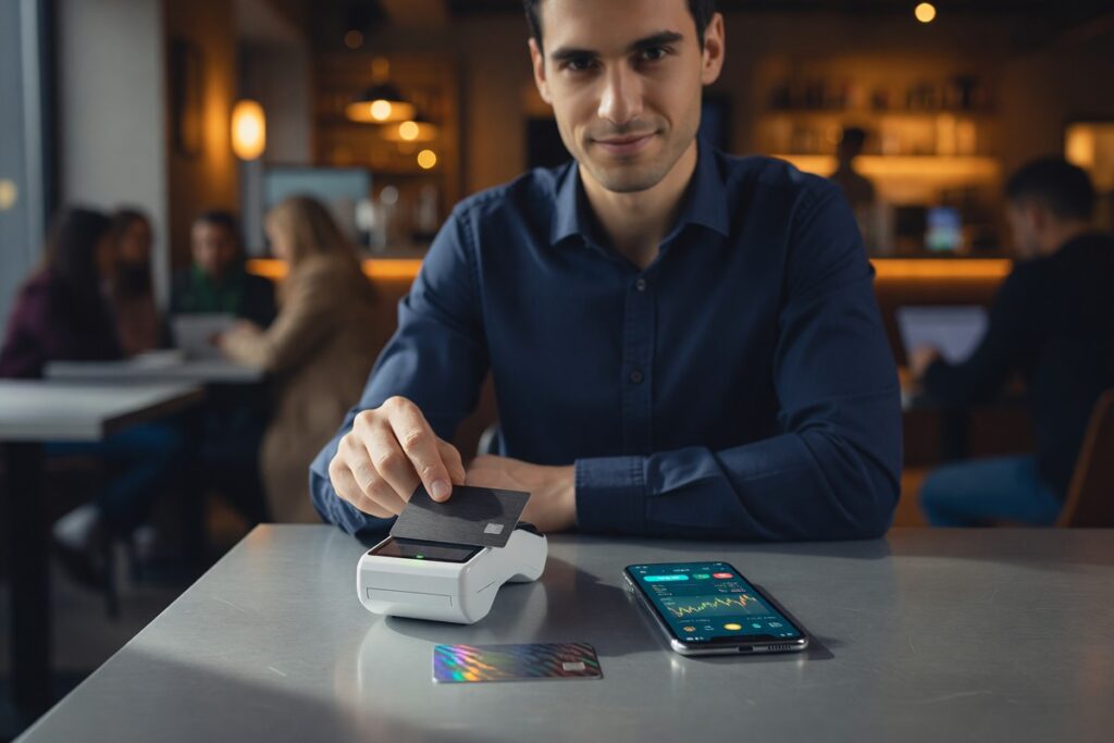 Person holding a crypto debit card next to a smartphone displaying a cryptocurrency wallet app in 2026