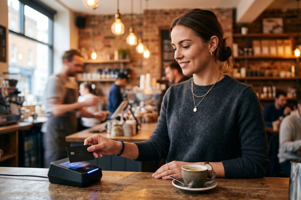 Person using a crypto debit card for everyday spending at a retail store checkout