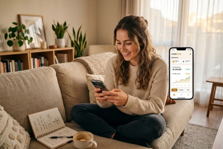 Beginner using a crypto on-ramp app on a smartphone to purchase cryptocurrency for the first time